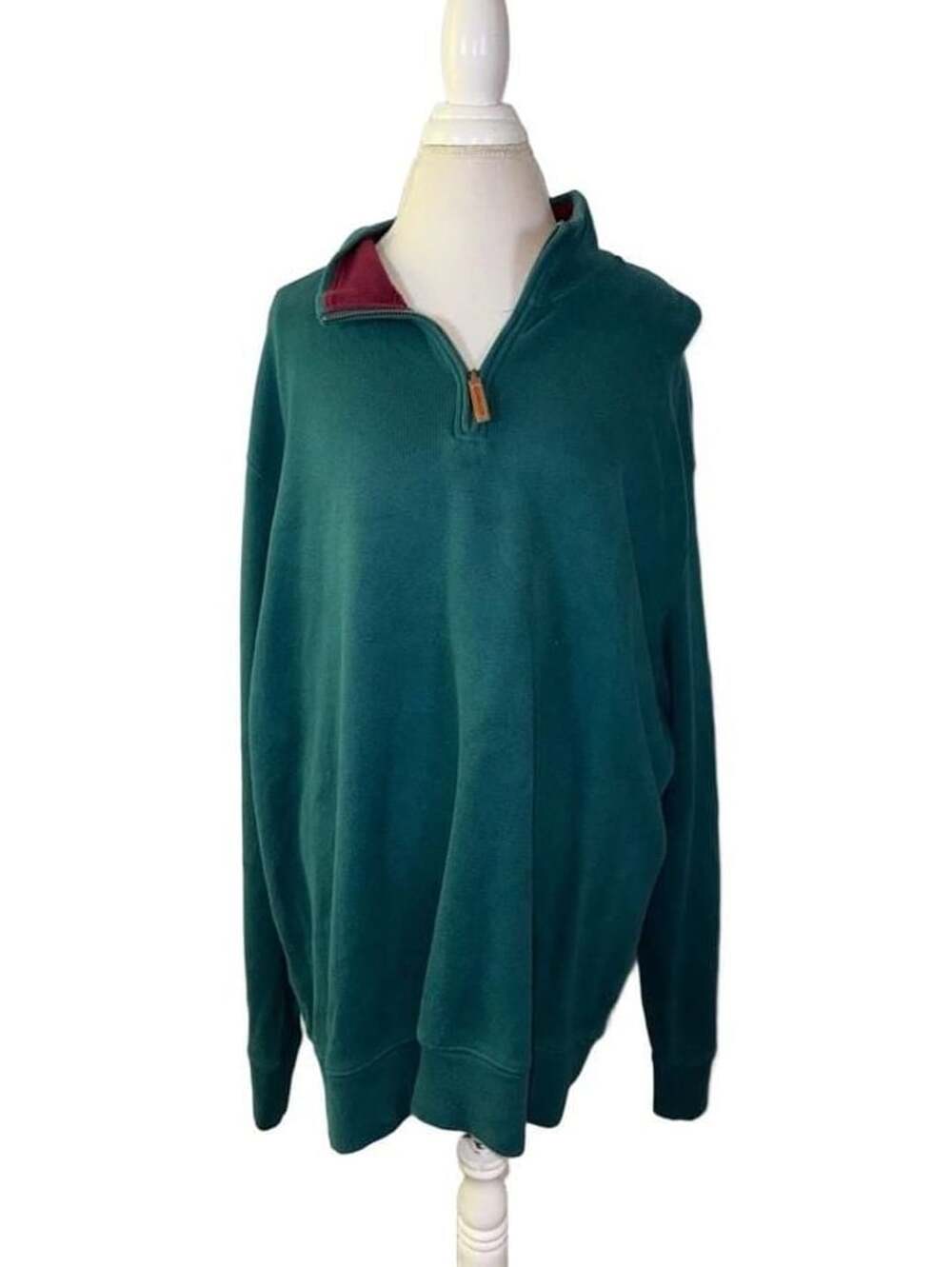 Lands' End Green 1/4 Zip Pullover Sweater with Leather Zipper Pull